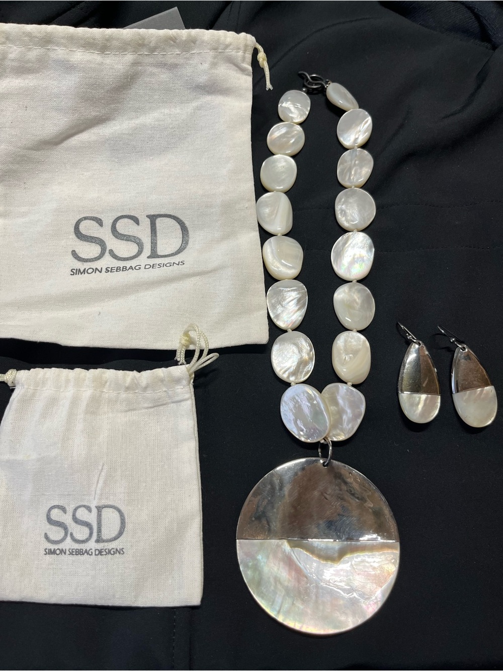 Simon Sebbag White Mother-of-Pearl Disc Pendant Necklace with Matching Earrings